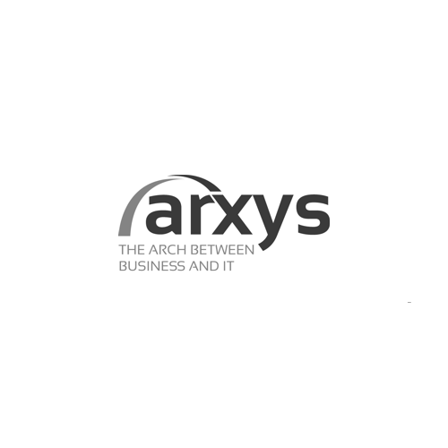 Arxys-Logo mit dem Slogan „The Arch Between Business and IT“ in Grau auf weißem Hintergrund