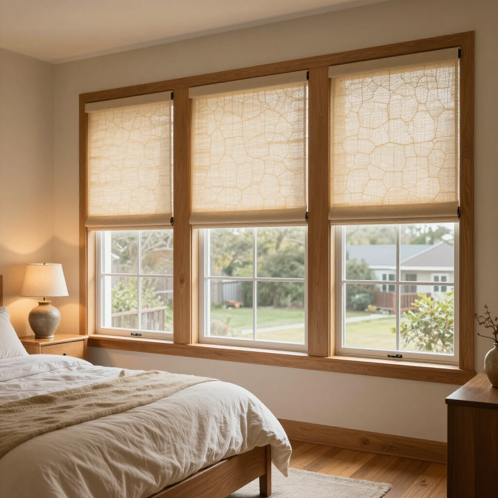 Bedroom with three windows, each with beige roller blinds. A bed and nightstand are in the foreground.