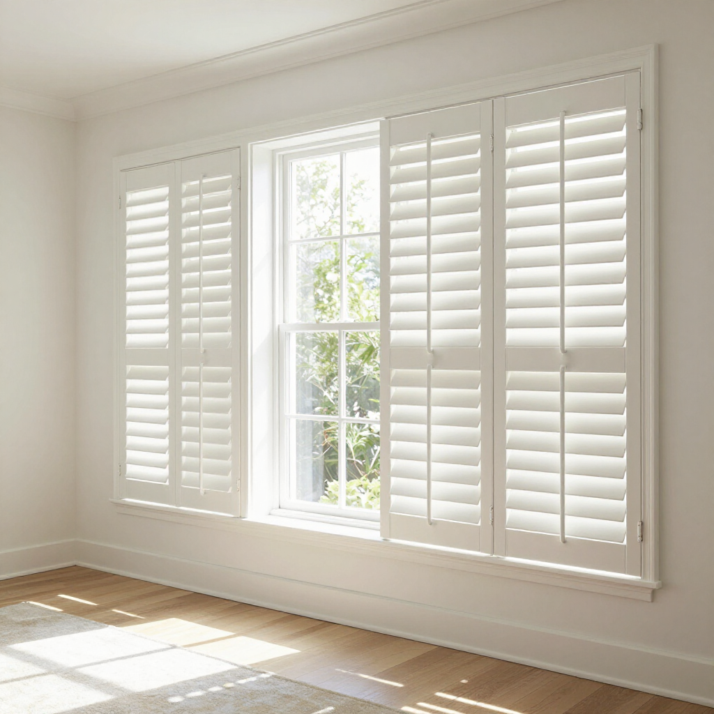 Interior window with white shutters and a view of trees.