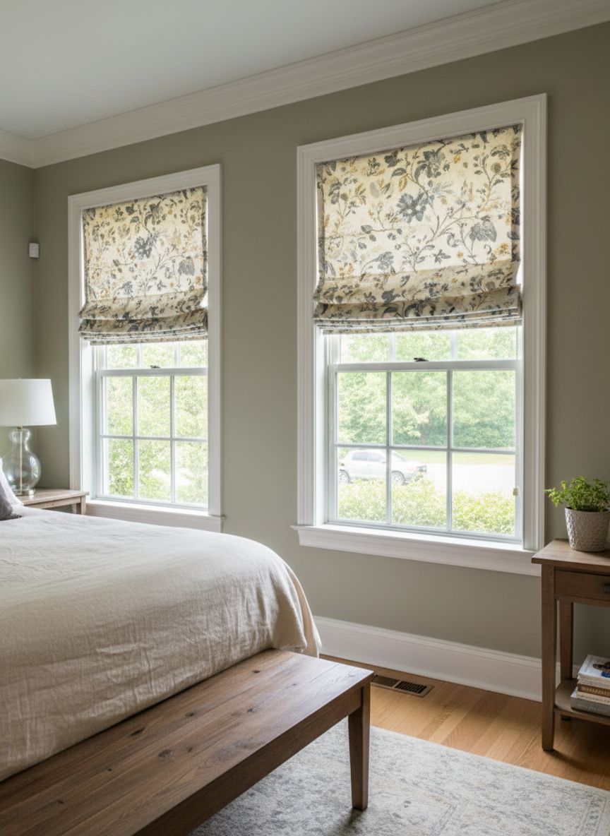Bedroom with two windows, Roman shades with floral print, pale green walls, and wood furniture.