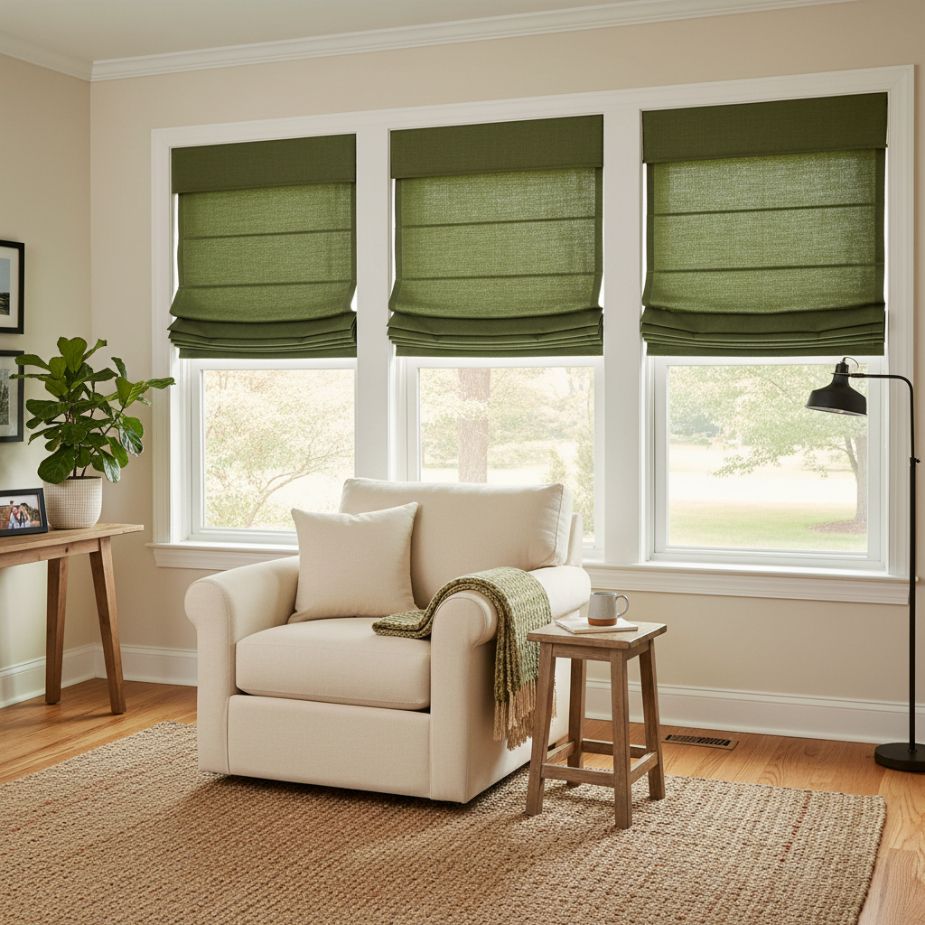 Living room with three green roman shades, cream armchair, and wooden stool.