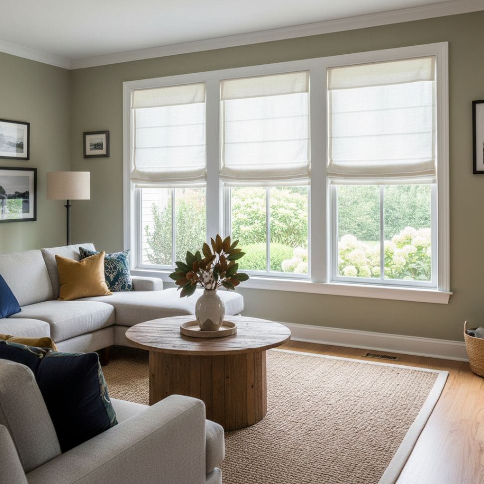 Living room with sage green walls, white trim, and light beige Roman shades; sectional sofa, coffee table, and area rug.