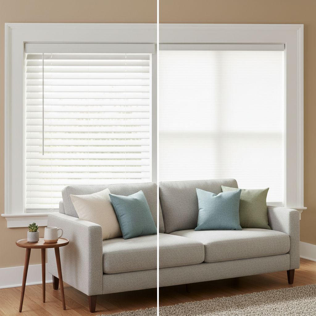 Two windows with white blinds, open and closed, over a gray couch with pillows.