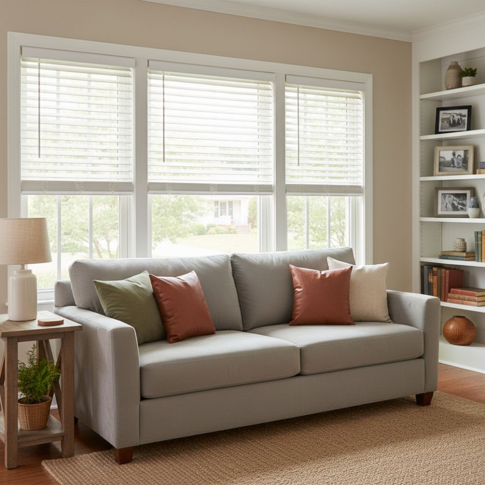 Living room with gray sofa, neutral walls, three-pane window with blinds, and built-in bookshelf.