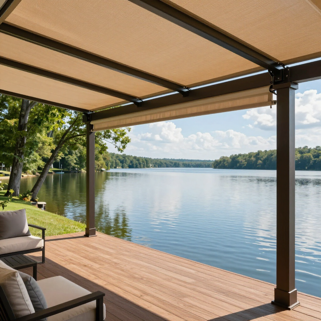 Patio with brown pergola overlooking lake. Beige fabric roof, wooden deck, seating.