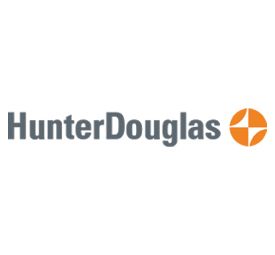 A logo for hunter douglas is shown on a white background.