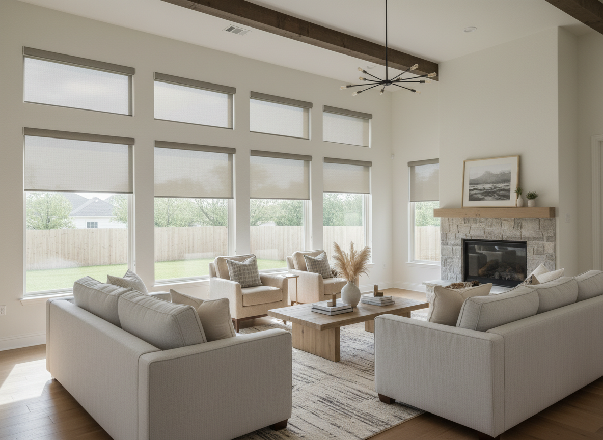 An elegant living room has solar shades for sunny glare - love is blinds, ky