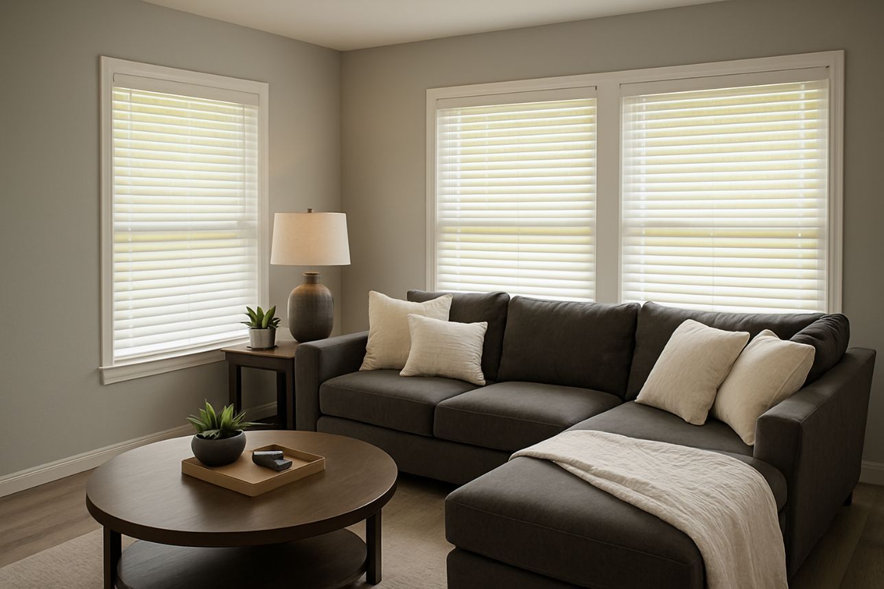How to Choose the Best Blinds for My Windows Four windows with different types of blinds: wood, roller, vertical, and Venetian. Beige walls, natural light.