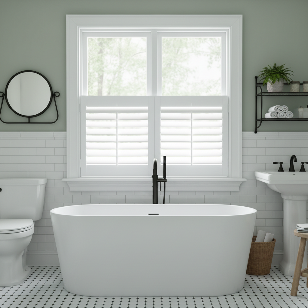 A bathroom with a deep-set tub has shutters on the window - love is blinds, ky
