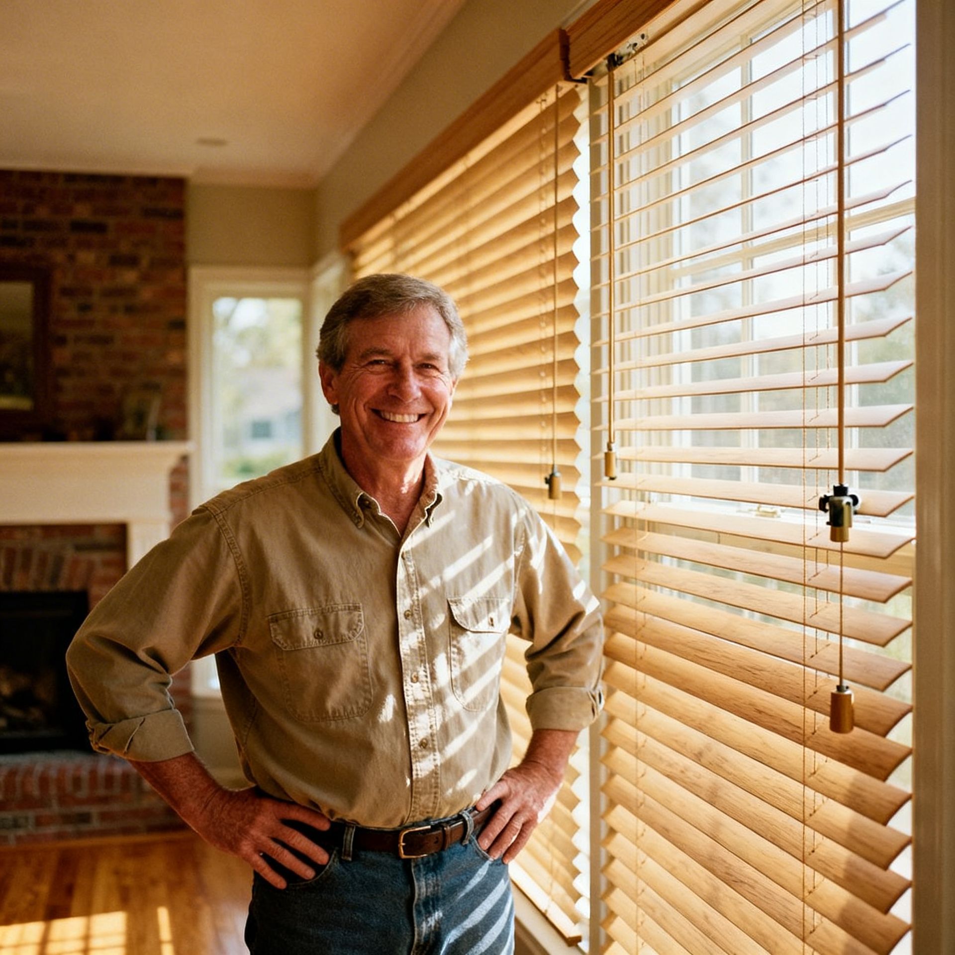 Happy Kentucky homeowner with newly installed quality blinds