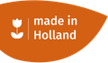 Oranje label met een tulp en de tekst