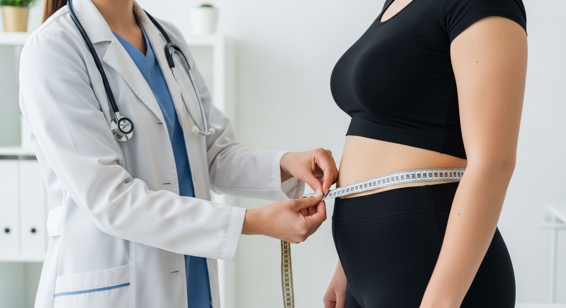Doctor measuring a pregnant patient’s waist with a tape measure in a clinic