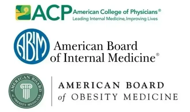 Logos of the American College of Physicians, American Board of Internal Medicine, and American Board of Obesity Medicine.
