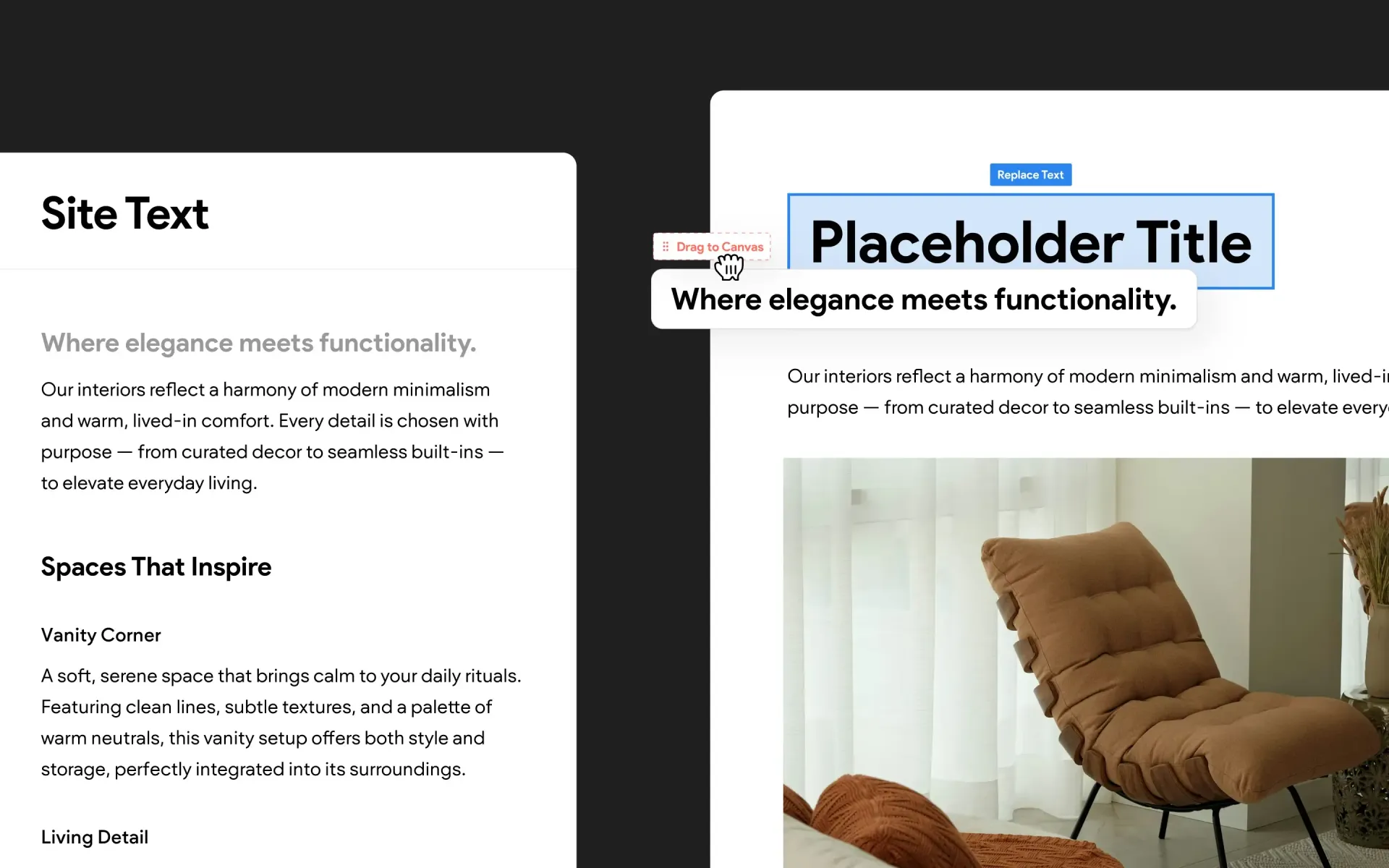 Dragging copy from a doc displayed in a sidebar, onto the site