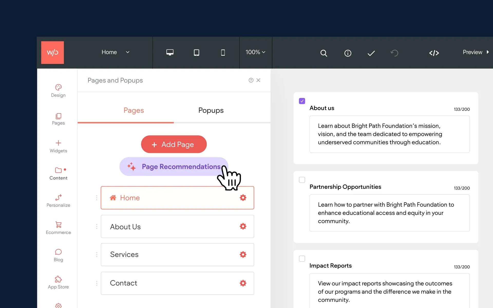 Generating AI Page Recommendations for a website