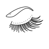 A minimalist line art drawing of a closed eye with long eyelashes, layered over abstract cream and black shapes.
