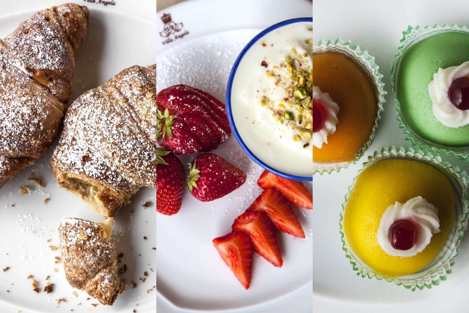 A collage of three pictures of desserts including a croissant and strawberries