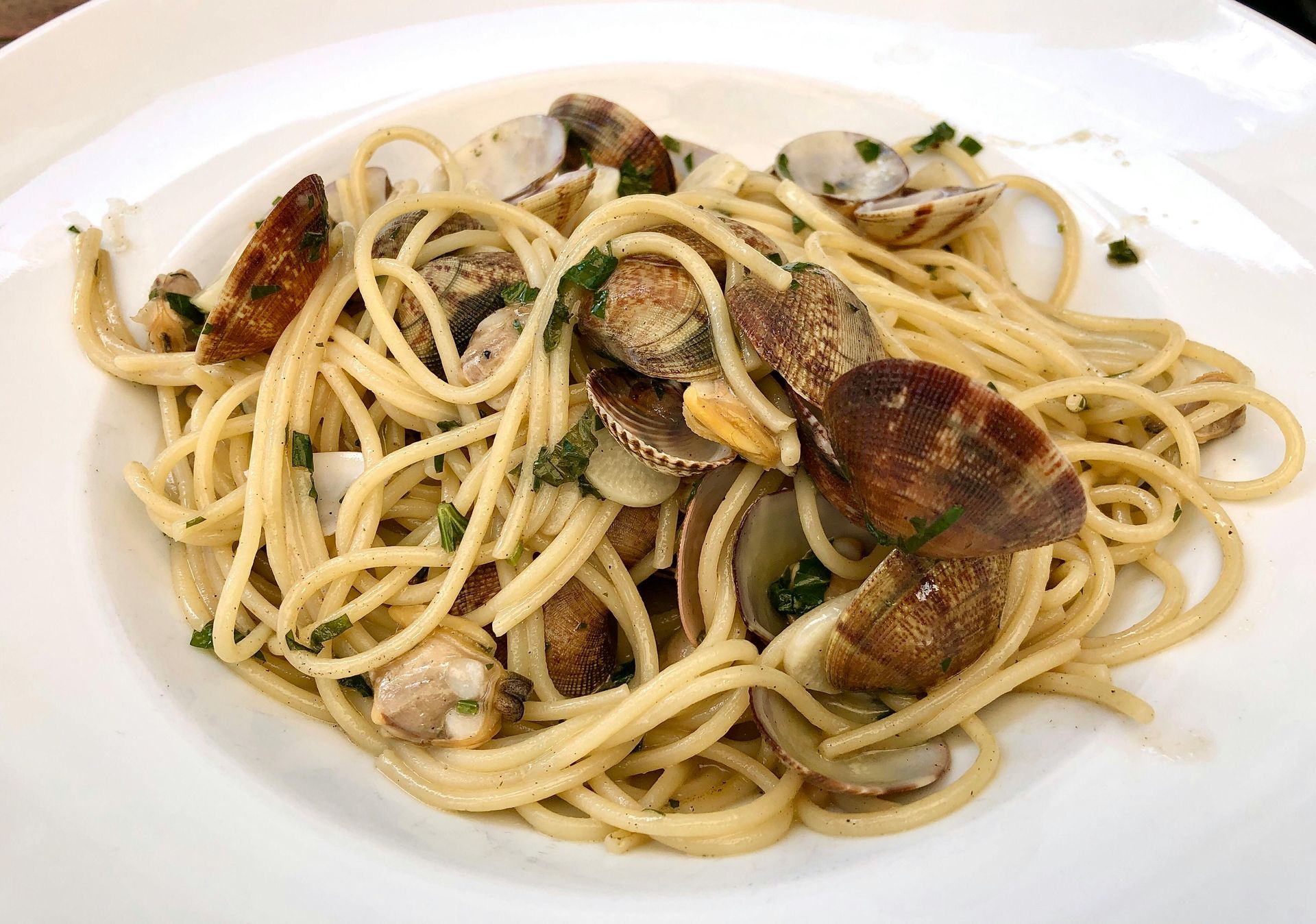 A white plate topped with spaghetti and clams on a table.