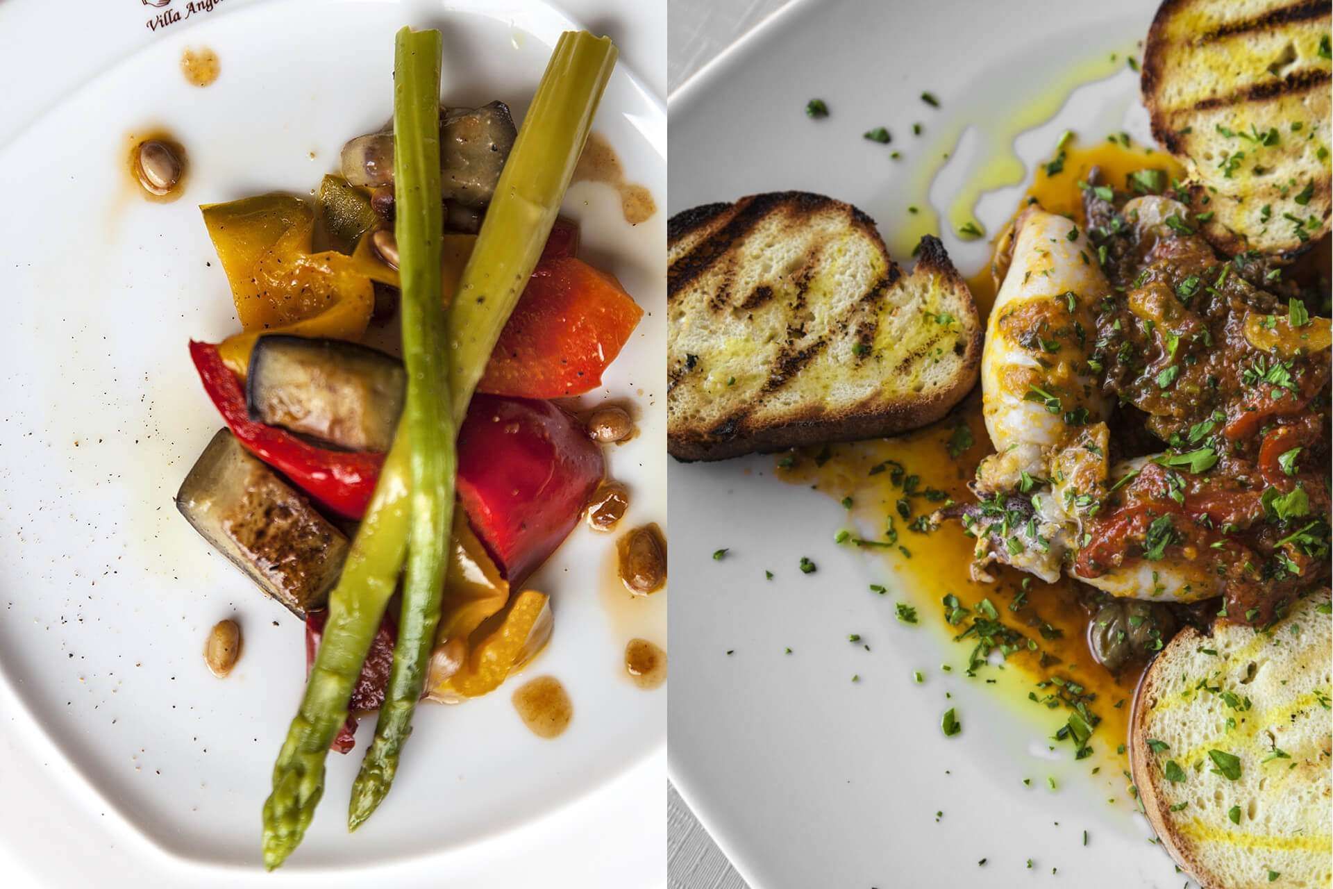 A plate of asparagus next to a plate of shrimp