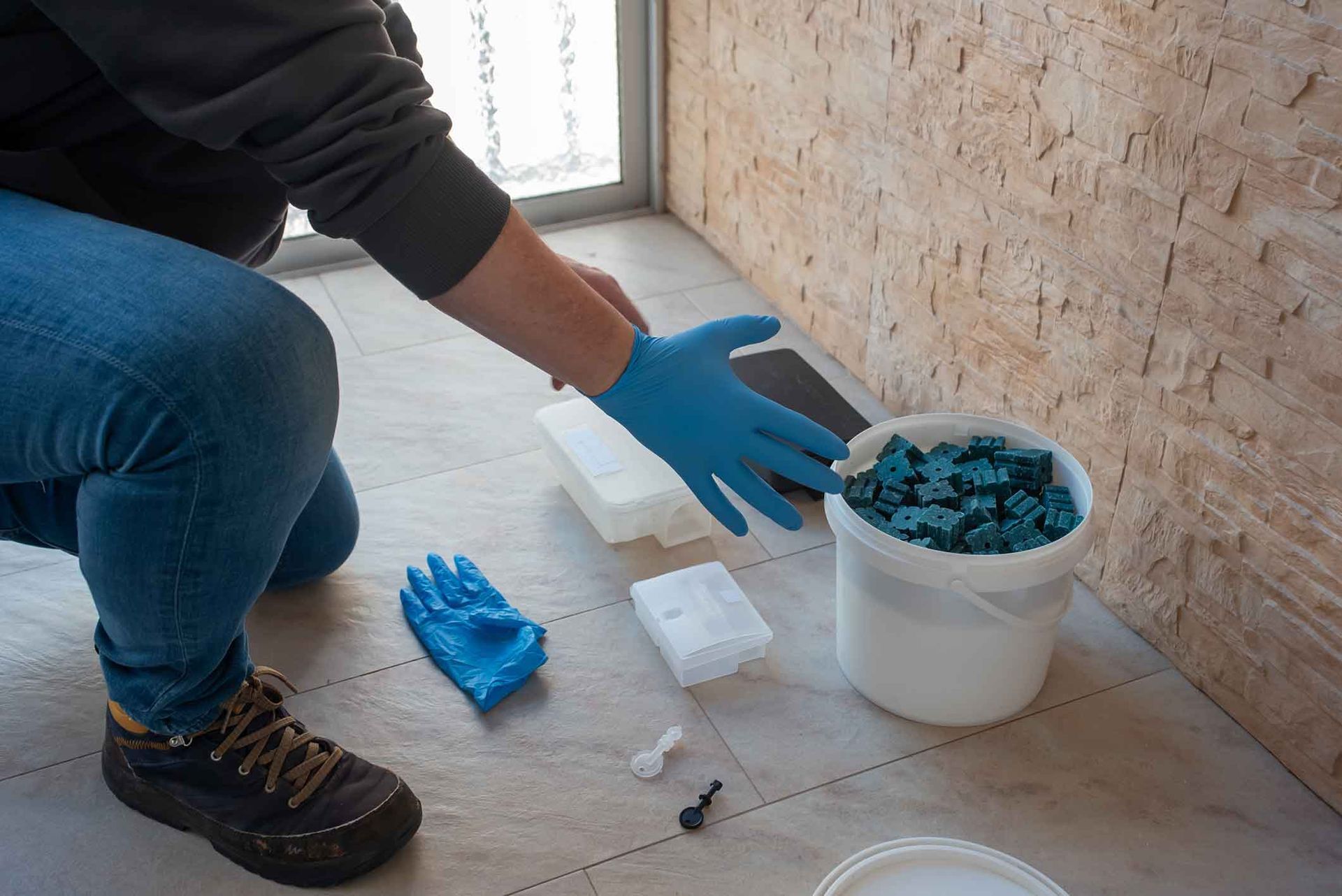 Gloved person kneels beside a bucket and tools, filling blue sealant or adhesive around floor tiles indoors.