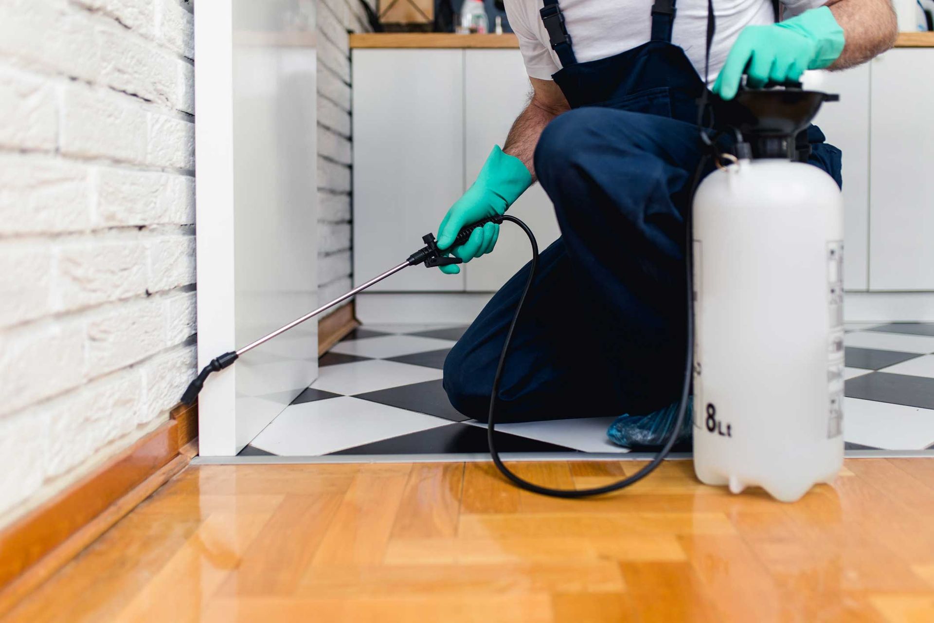Pest control worker spraying baseboards with a white sprayer in a kitchen doorway