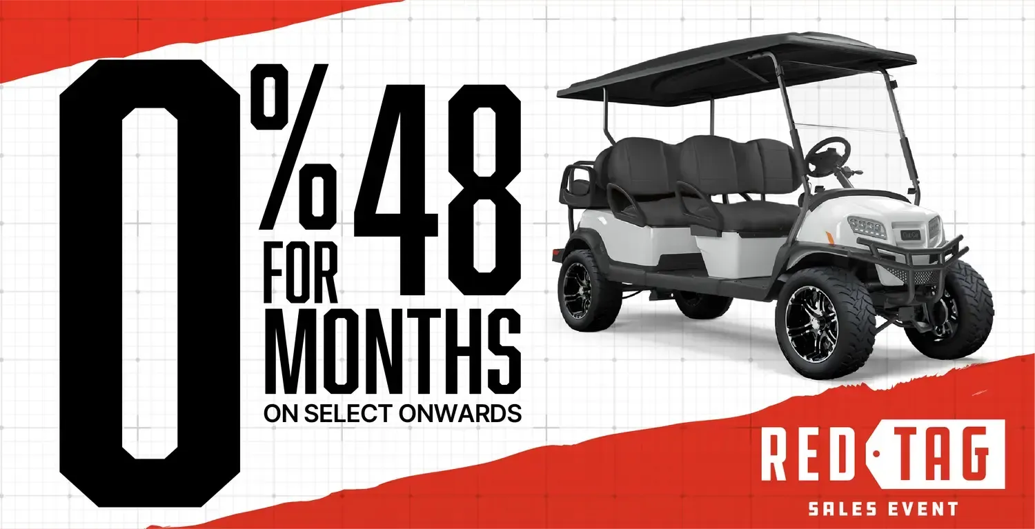 Black and white golf cart ad: 0% for 48 months on selected options, Red Tag Sales Event.