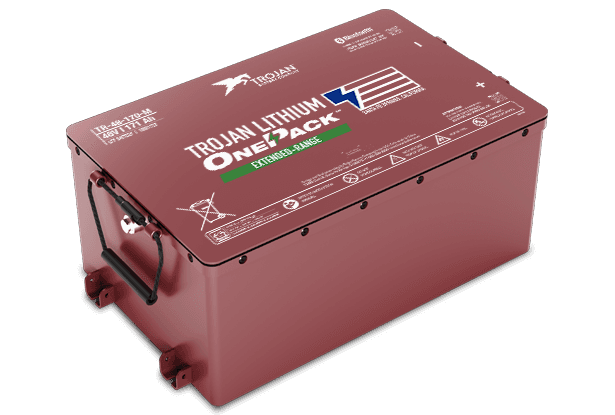 Red Trojan Lithium OnePack battery with handle and Bluetooth label.