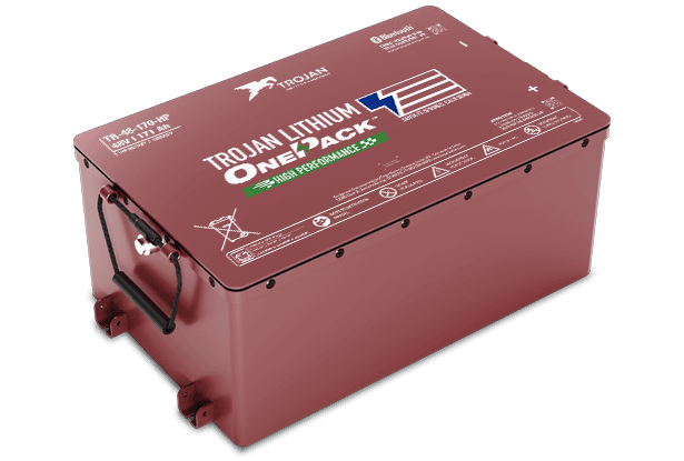 Red Trojan Lithium OnePack battery with handle and wheels.