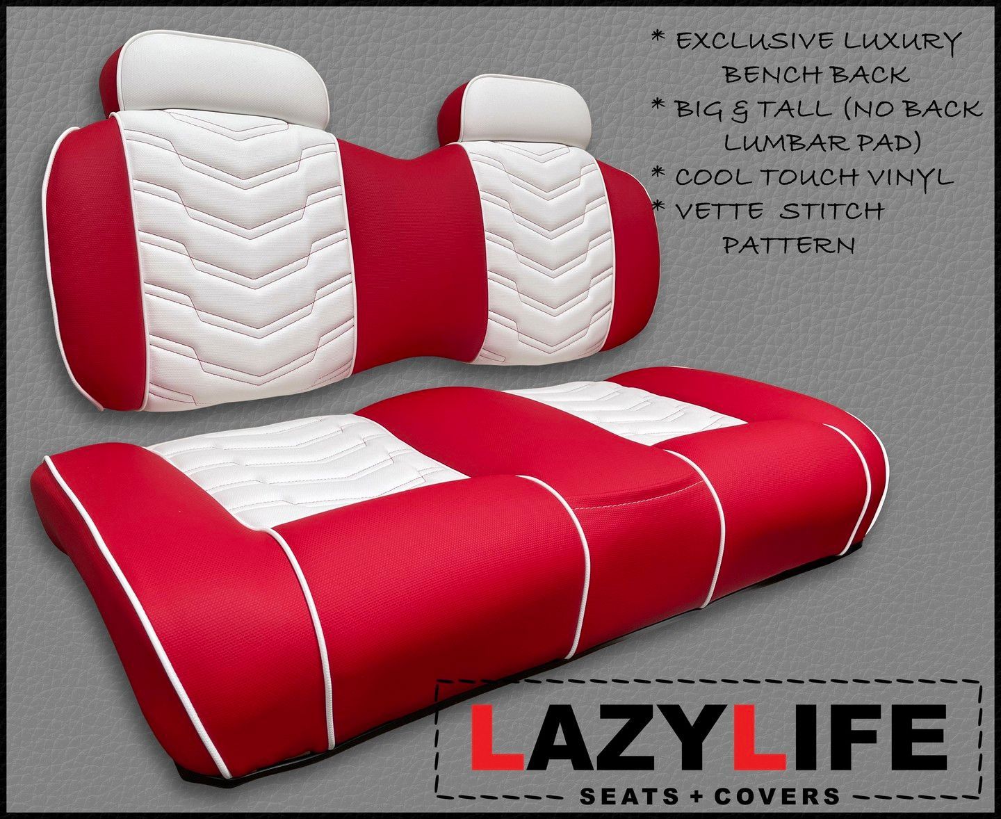 A red and white seat with lazylife written on the bottom