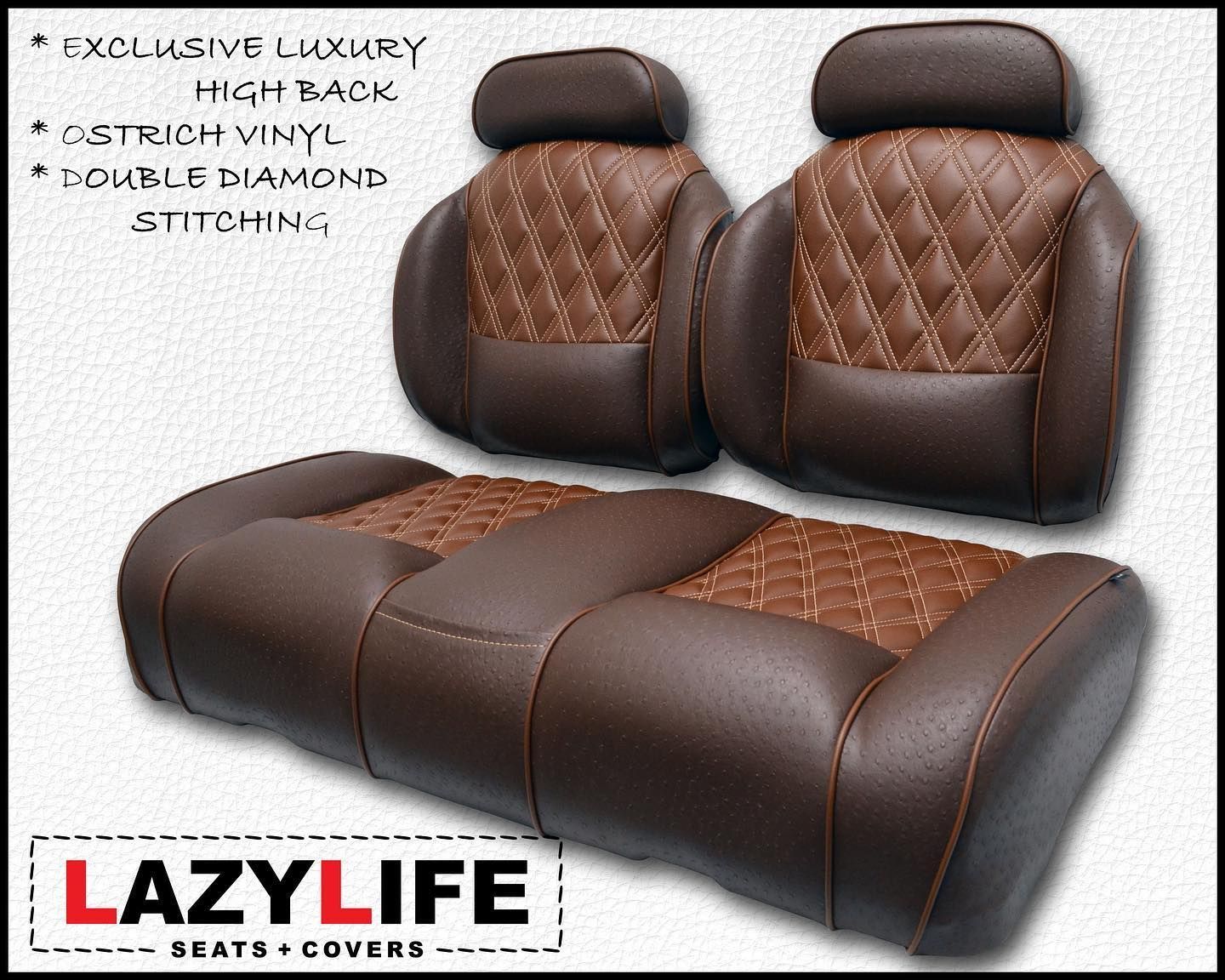 A pair of brown golf cart seats with a diamond stitching
