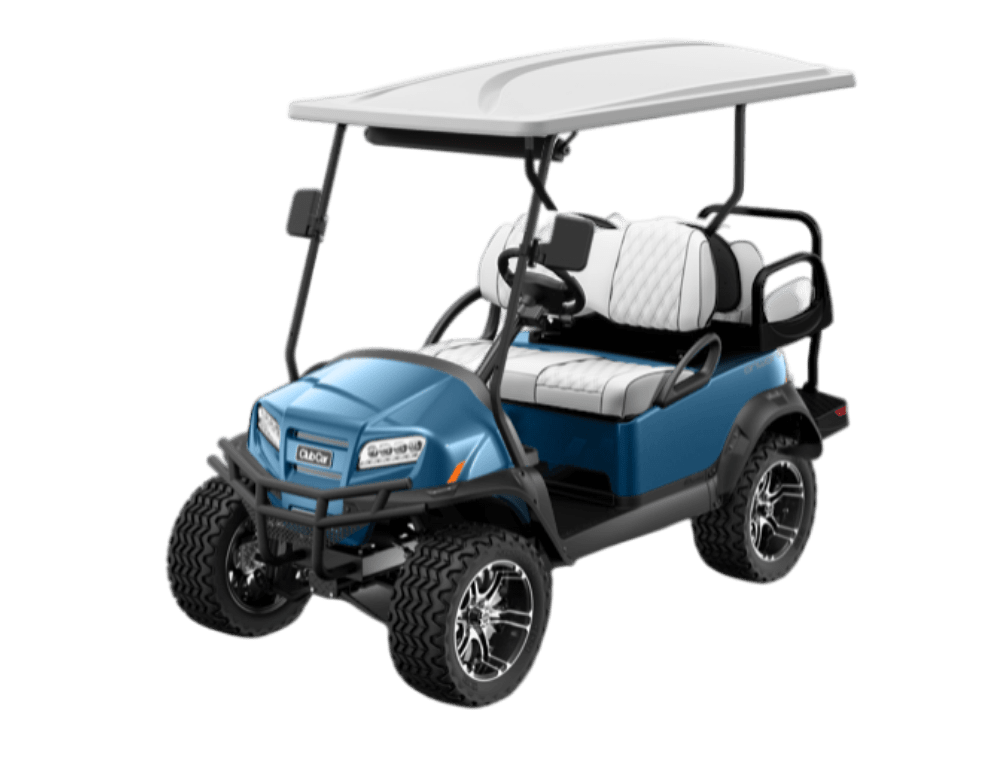 A blue golf cart with a white roof on a white background.