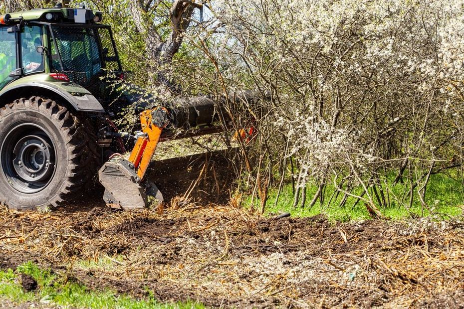 Tractor clearing brush in a field with a front-mounted shredder attachment