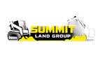 Summit Land Group logo with yellow and black text, flanked by excavator graphics on both sides