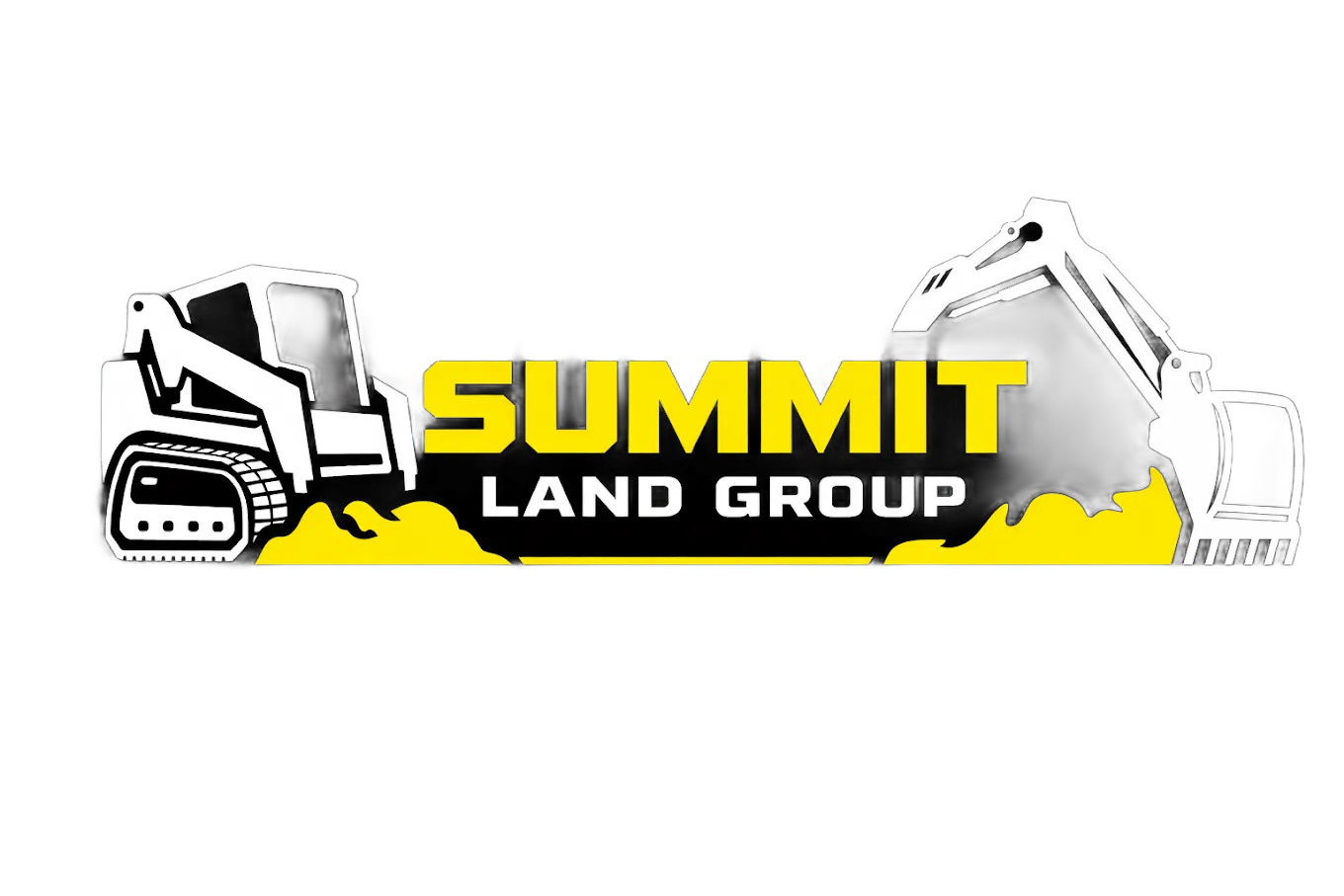 Summit Land Group logo with yellow and black text, flanked by excavator graphics on both sides