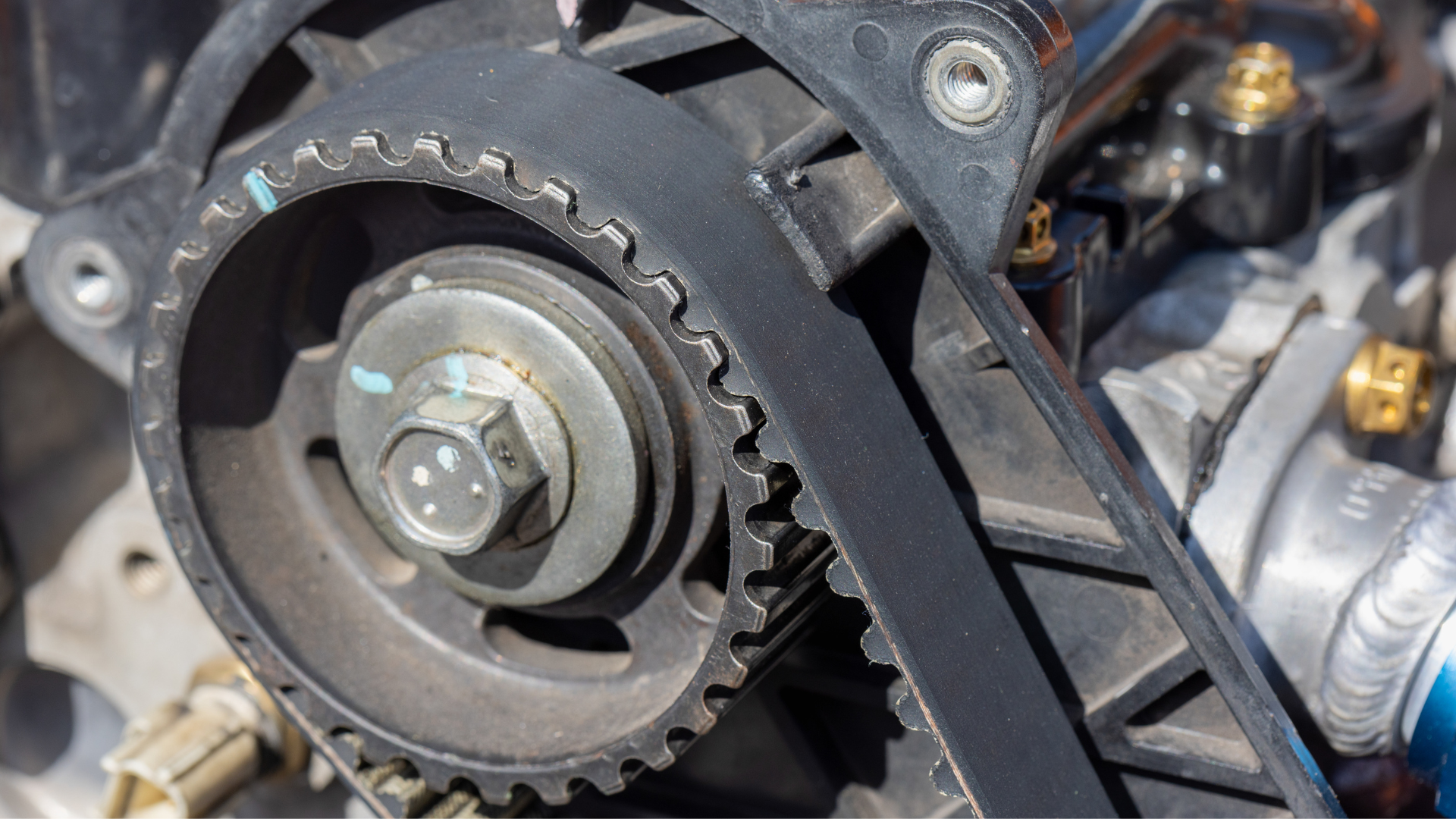 A close up of a timing belt on a car engine.