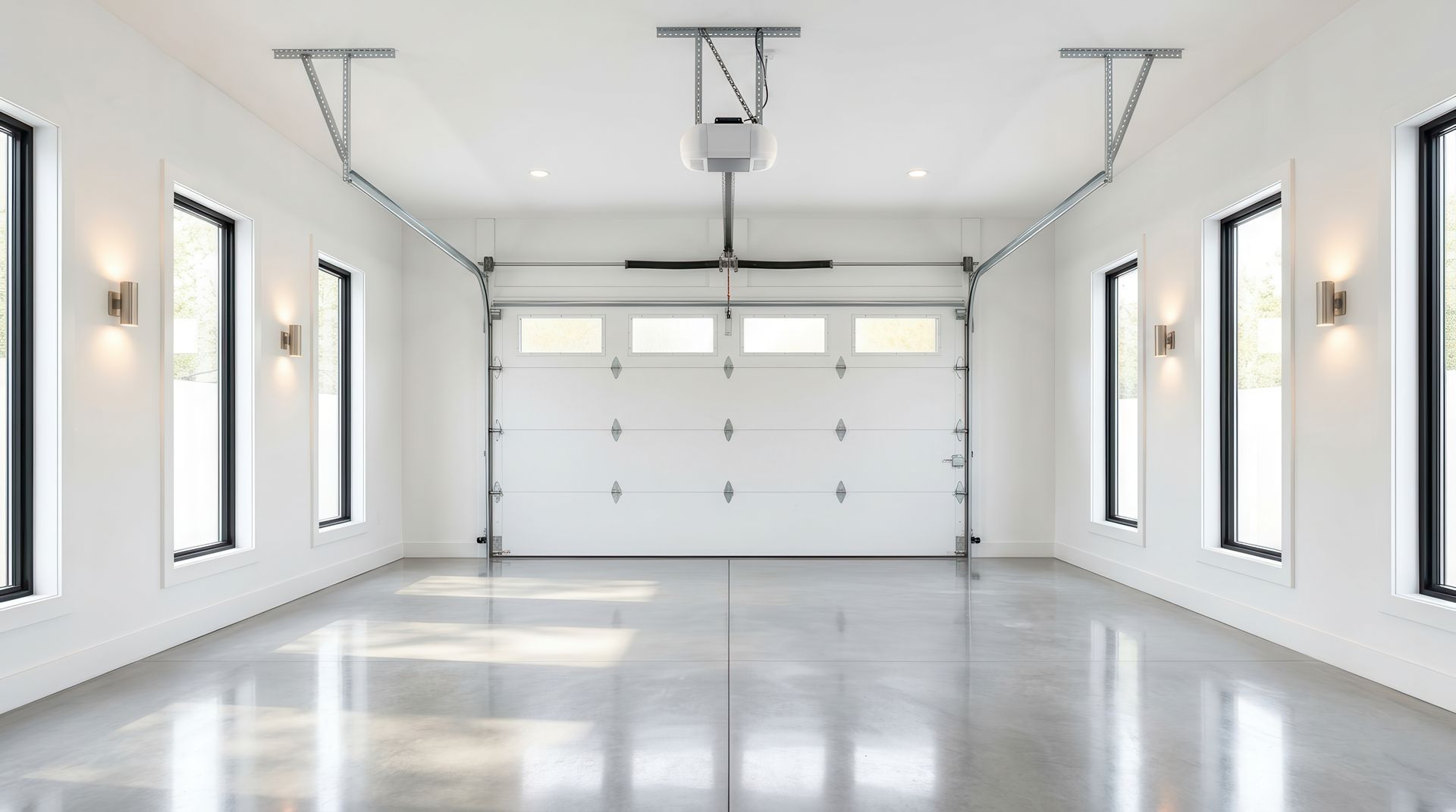 Modern garage interior featuring a clean polished concrete floor and a new garage door installation. Modern garage interior featuring a clean polished concrete floor and a new garage door installation.