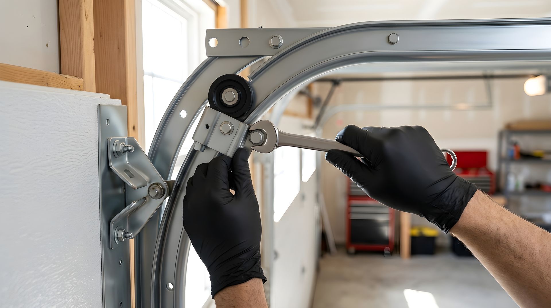 Garage door installation showing a technician adjusting a steel roller and track assembly. Garage door installation showing a technician adjusting a steel roller and track assembly.