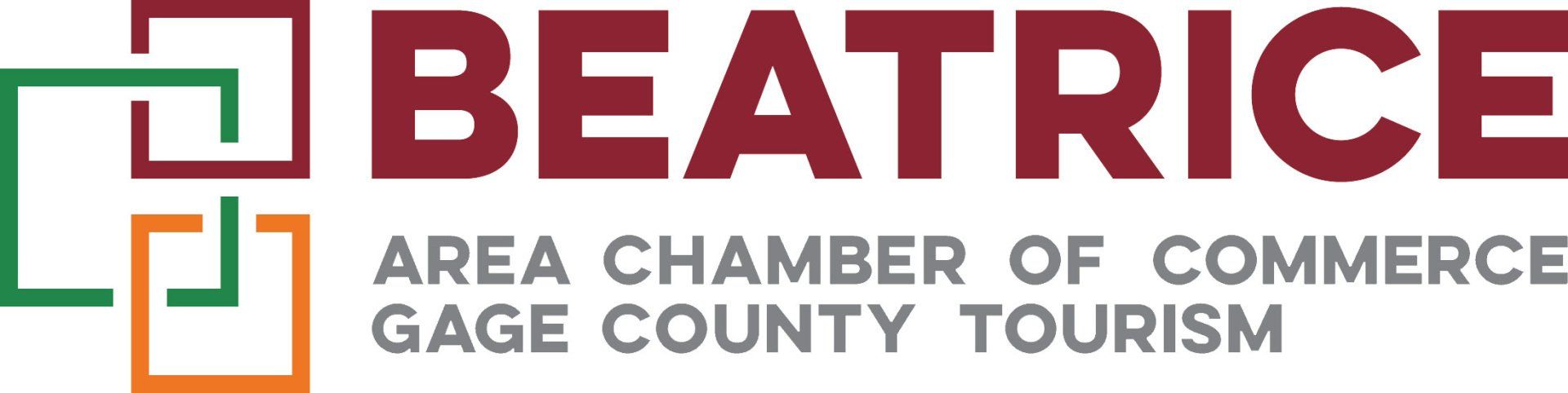 Beatrice Area Chamber of Commerce and Gage County Tourism logo. Red text over a green and orange box design.