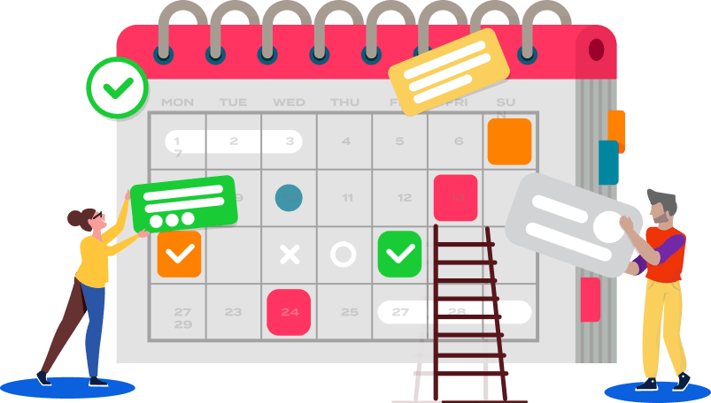 People placing sticky notes on a large calendar to mark events.