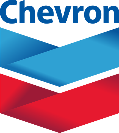A blue and red chevron logo on a white background