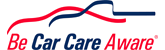 A red , white and blue logo for be car care aware