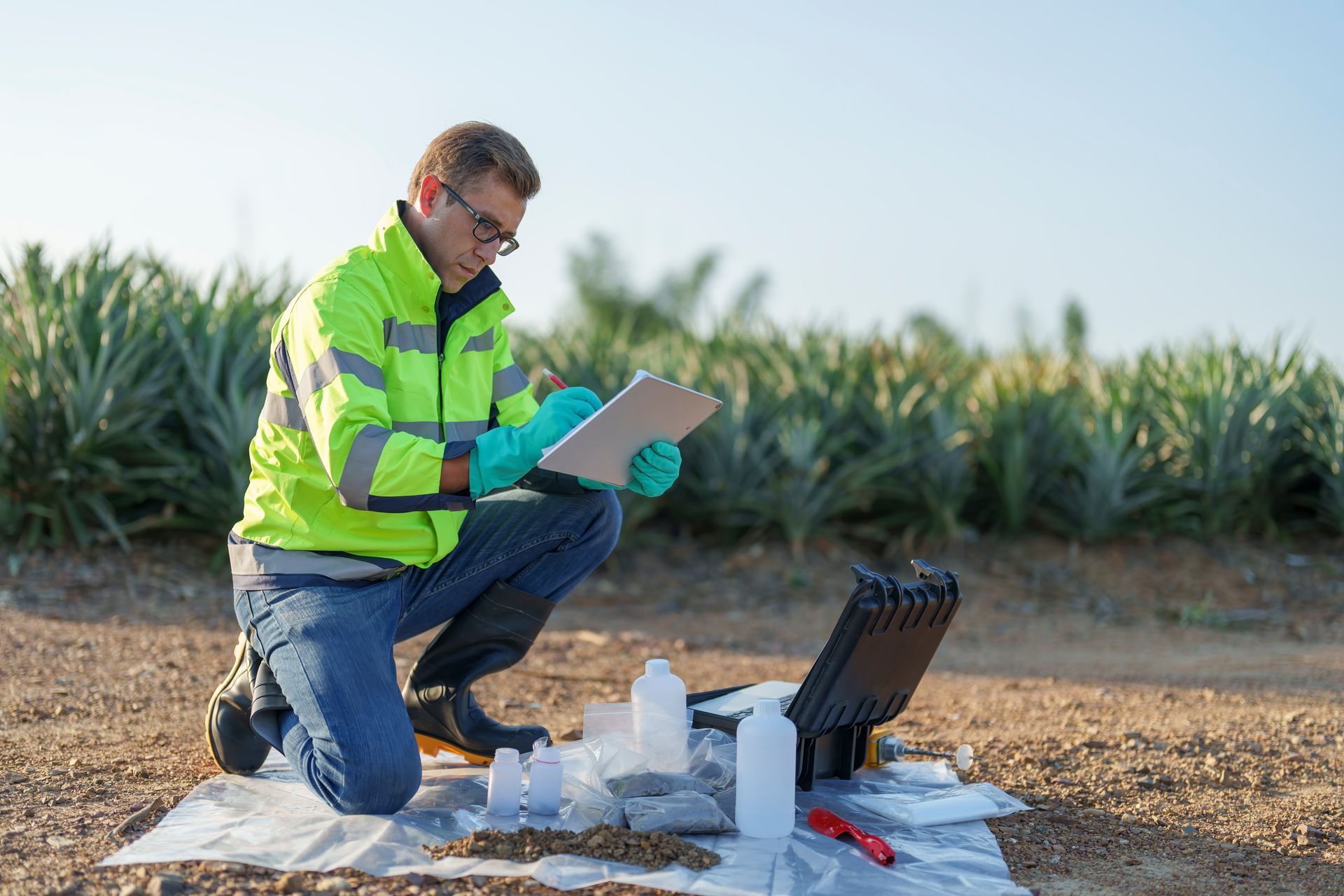 A technician, wearing a green jacket, performing soil testing by sampling and measuring the soil.