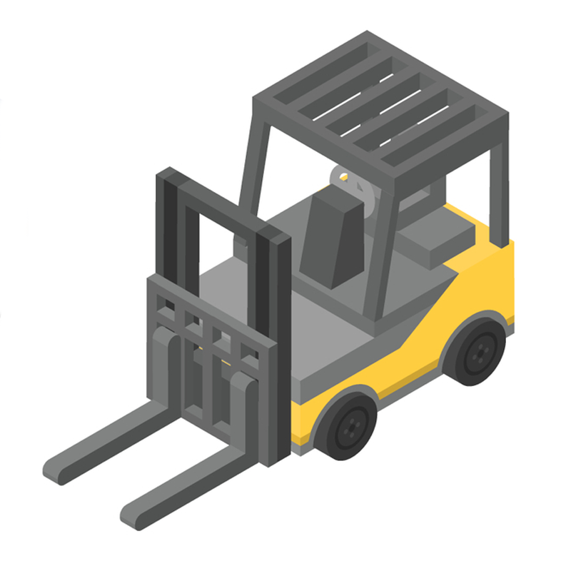 Yellow and gray forklift with raised forks, shown in an isometric view