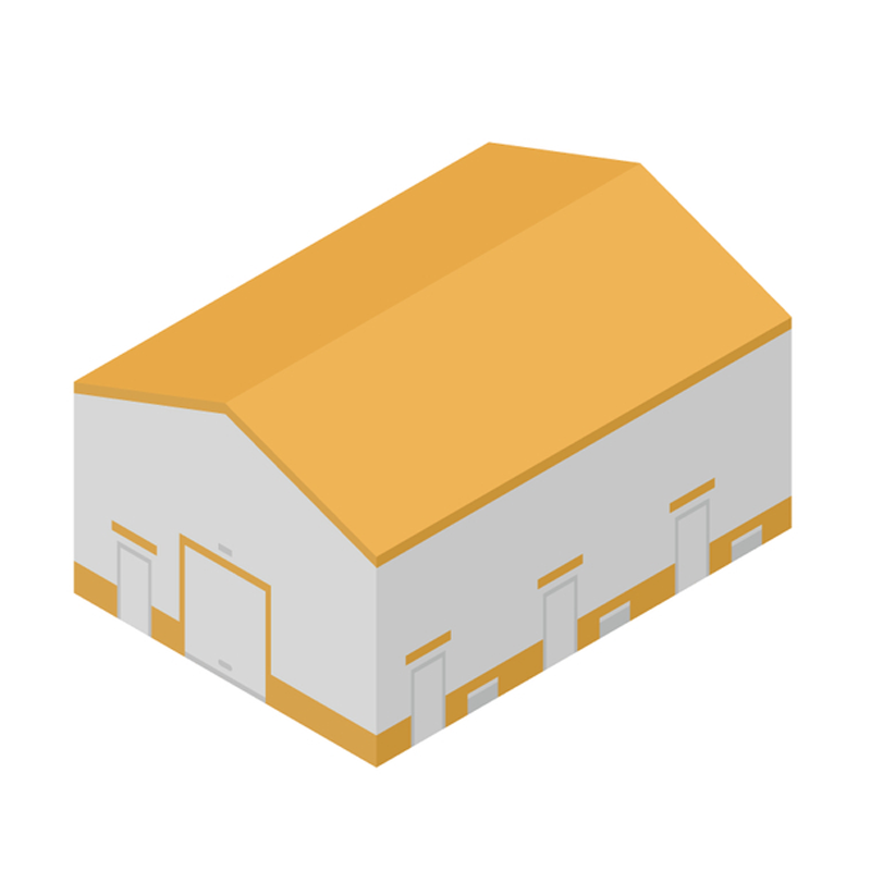 Isometric warehouse building with white walls and a yellow roof