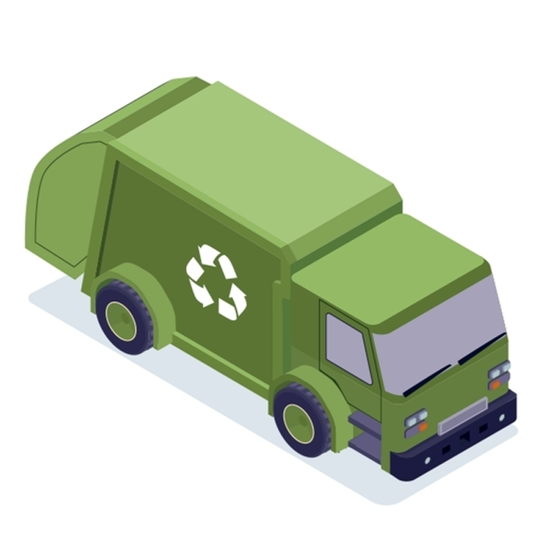 Green recycling truck with white recycle symbol, shown in isometric view.