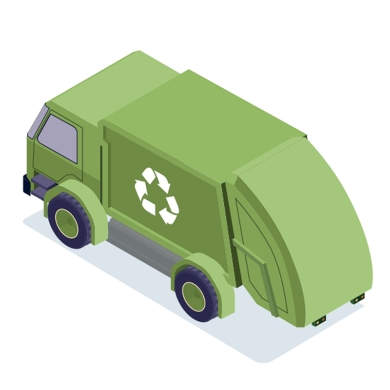 Green recycling garbage truck with white recycle symbol, shown in isometric view