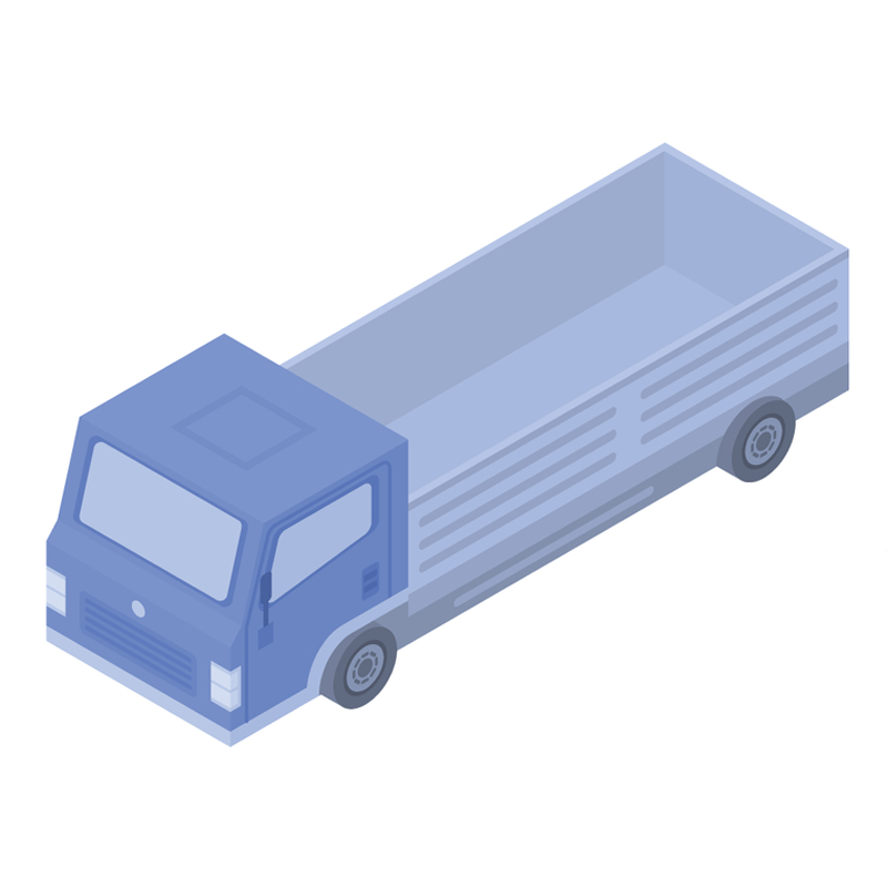 Isometric blue cargo truck with an open box bed and visible wheels