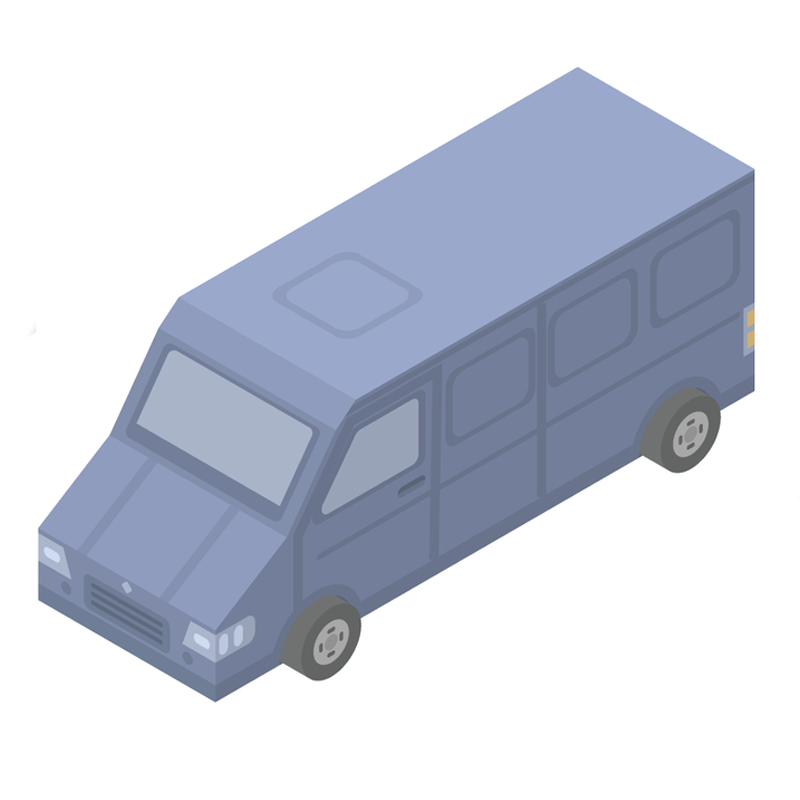 Blue delivery van in isometric view with tinted windows and side cargo doors