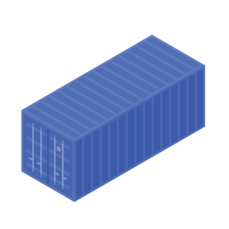 Blue shipping container viewed in perspective, isolated on a white background