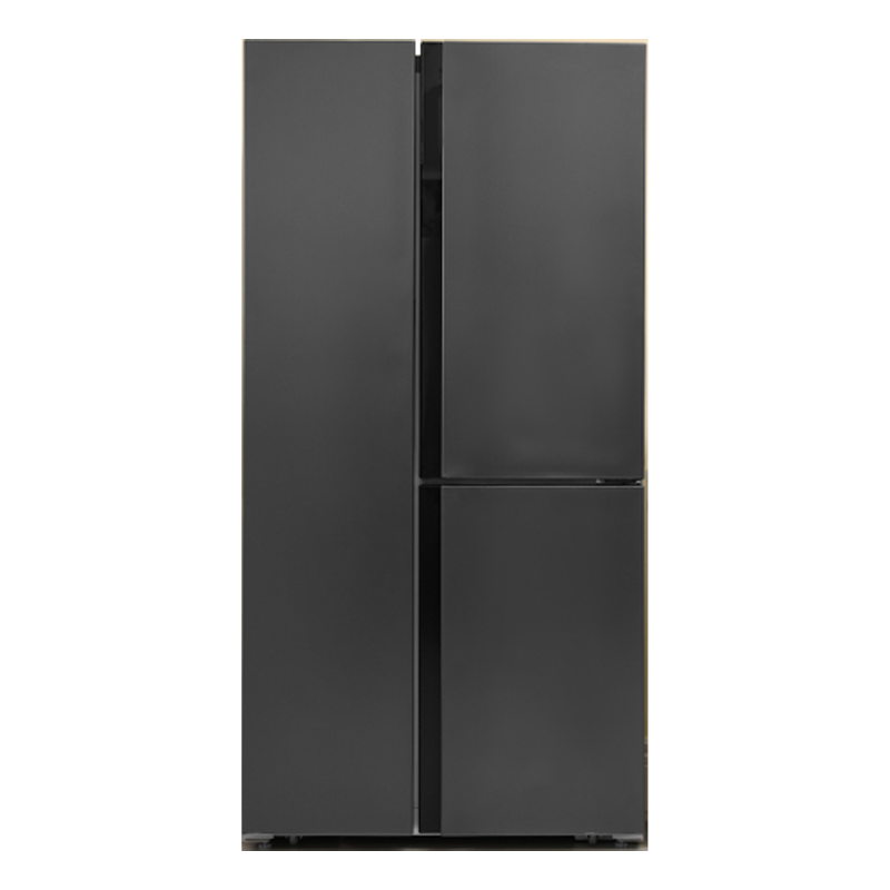 Black side-by-side refrigerator with a left door and right upper/lower doors, shown on a white background
